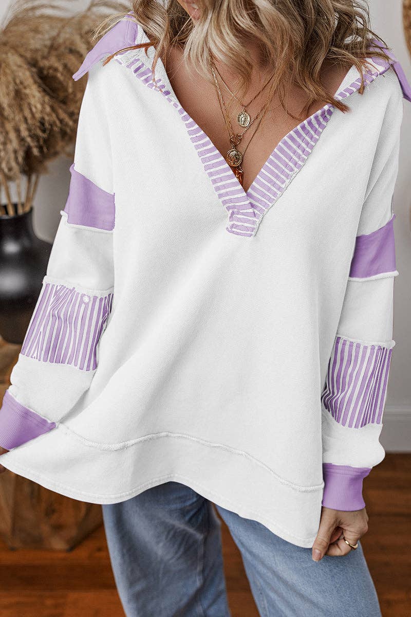 Striped Patchwork V-Neck Pullover