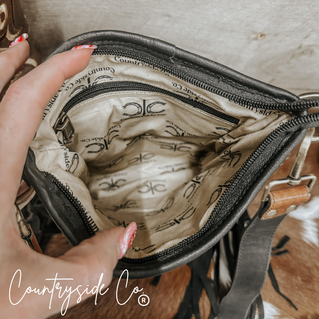Stockyard Checkered Cowhide Fringe Purse, Black & White