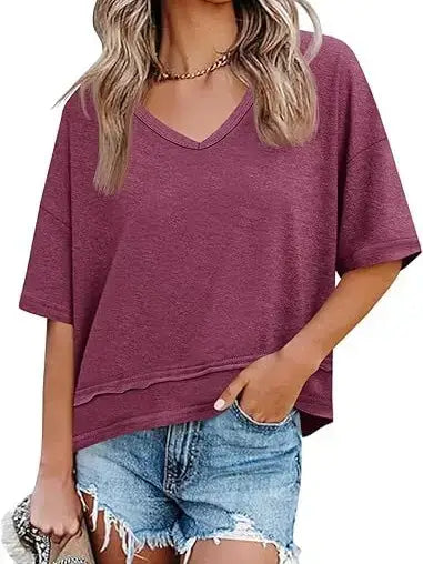 Loose Fit V Neck Short Sleeve Casual Tee