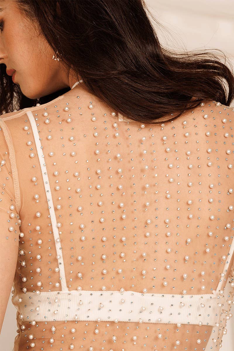 Pearl Rhinestone Embellished Long Sleeve Mesh Dress with slip