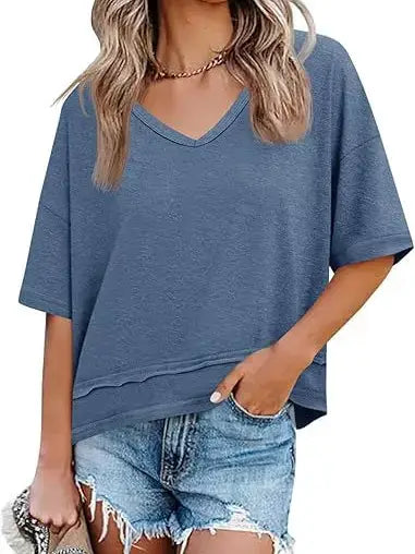 Loose Fit V Neck Short Sleeve Casual Tee