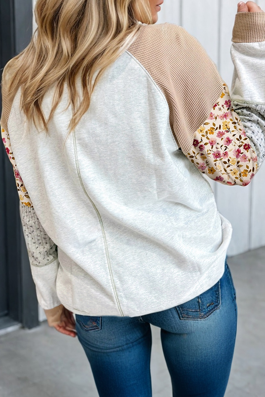 Floral Print Patchwork Exposed Seam Pullover