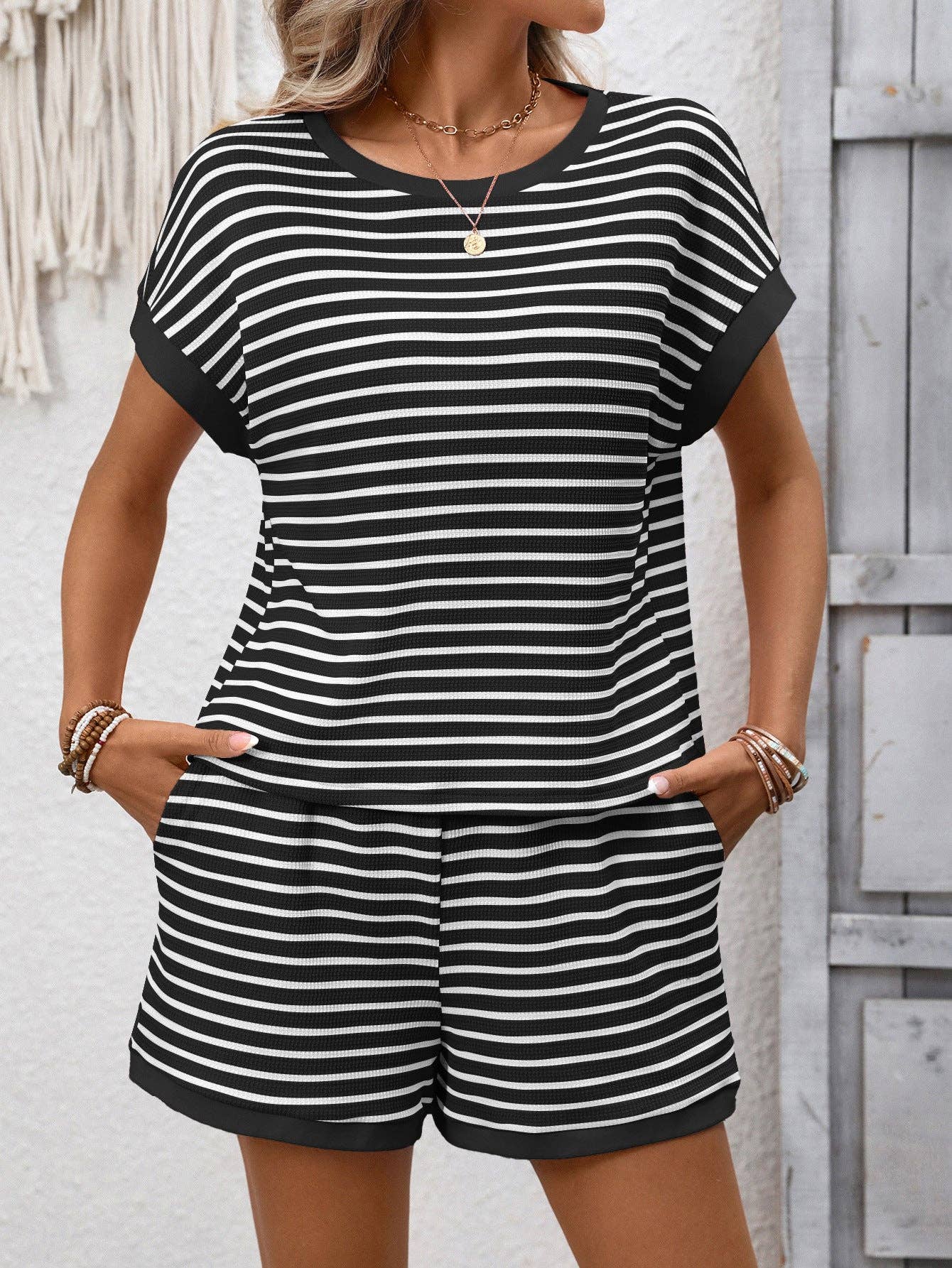 Striped Short Sleeve Top and Shorts Lounge Set