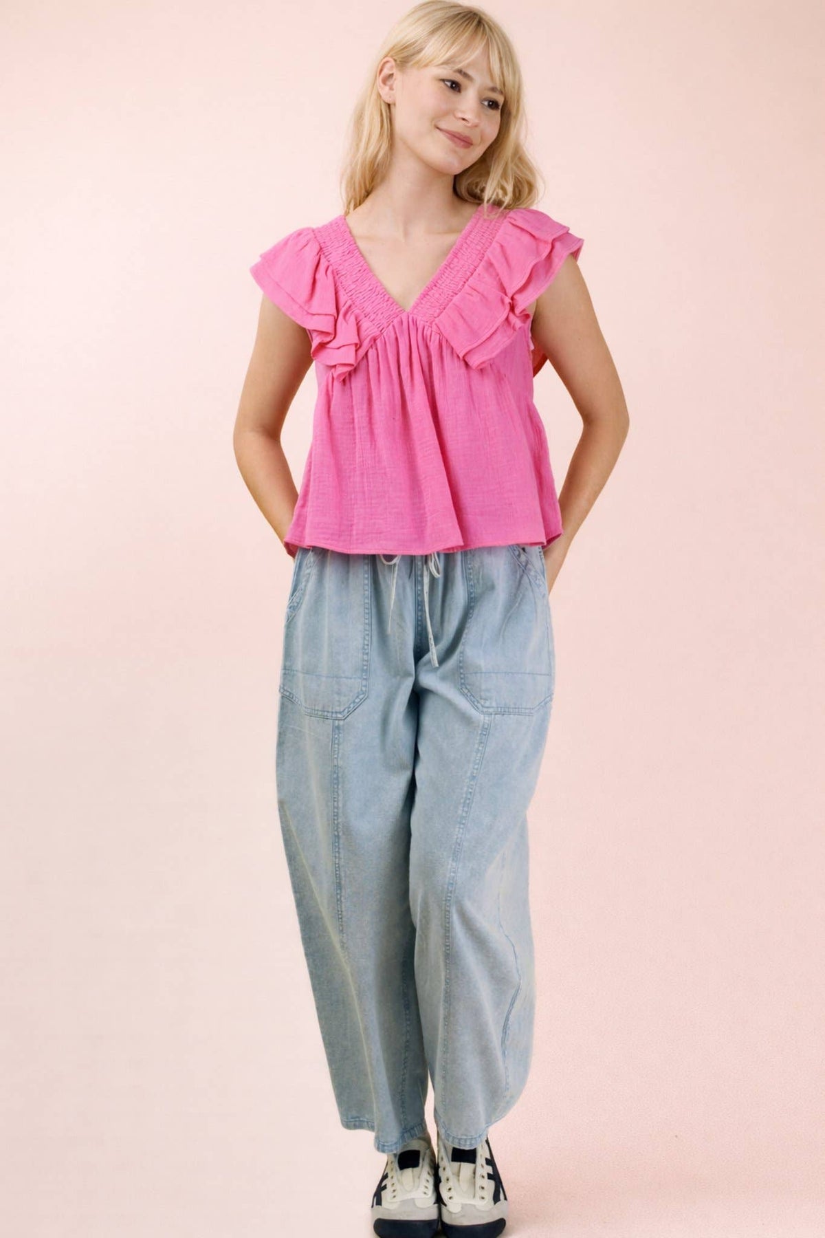 Smocking Detail Ruffle Sleeve Cotton Gauze Top