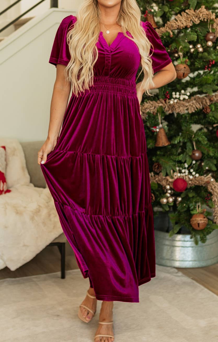 Velvet Short Sleeve Shirred Waist Tiered Maxi Dress