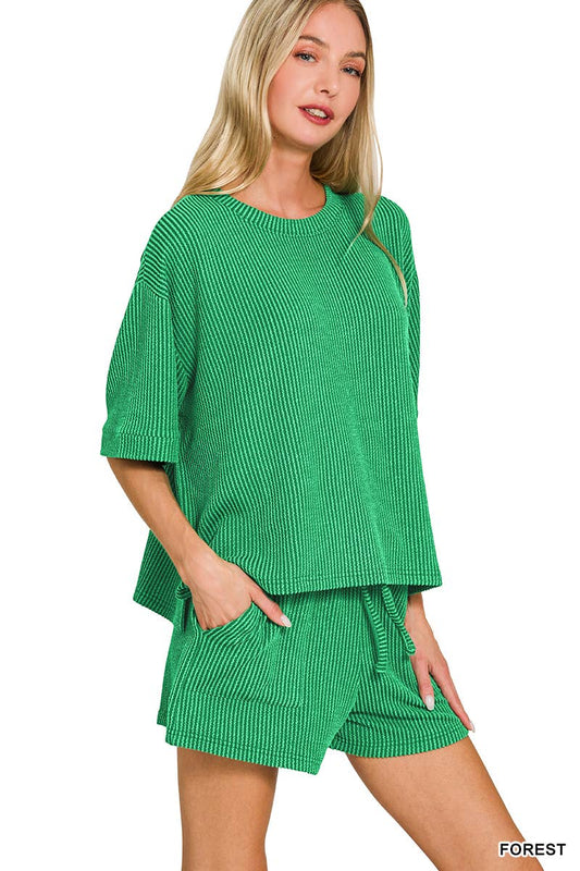 Corded Rib Tee & Drawstring Shorts 2pc Set