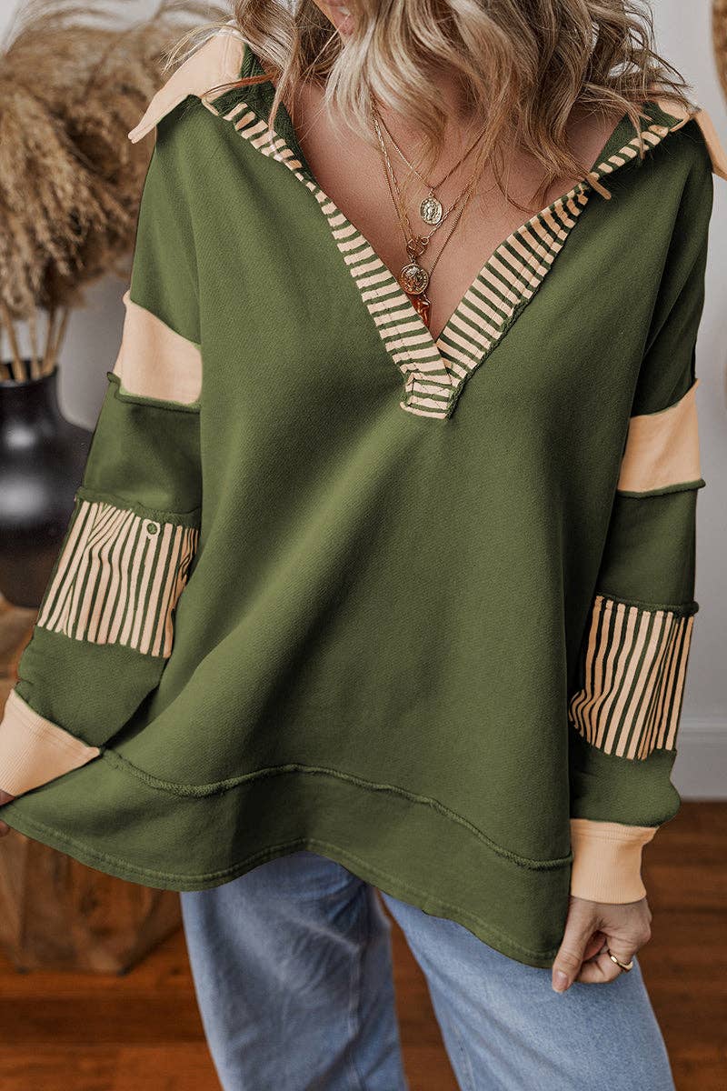 Striped Patchwork V-Neck Pullover