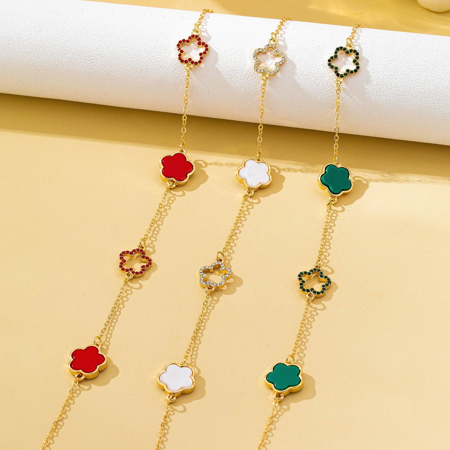 Four Leaf Enamel & Crystal Charm Necklace