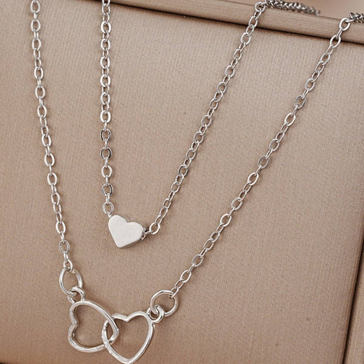 Layered Double Heart Pendant Necklace Set
