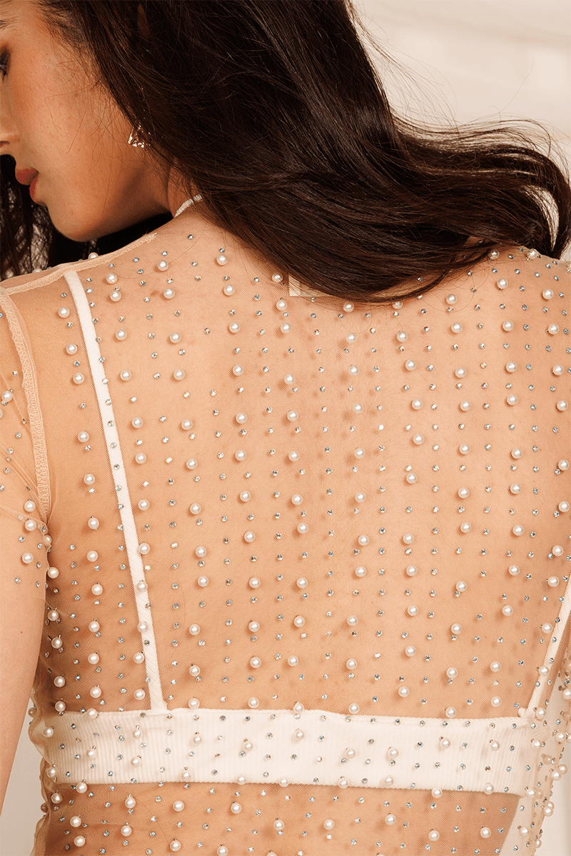 Pearl and Rhinestone Embellished Long Sleeve Mesh Top