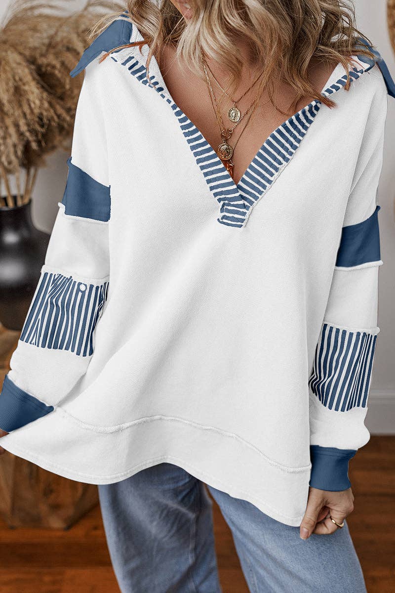 Striped Patchwork V-Neck Pullover