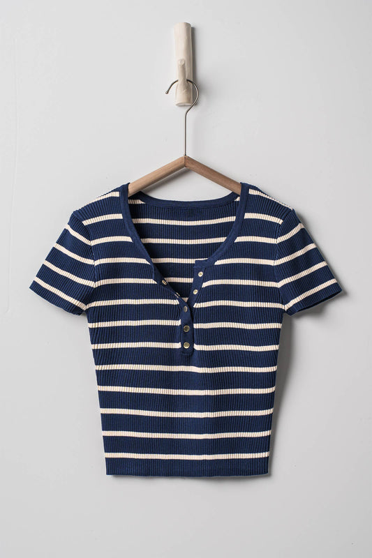 Snap Button Stripe Ribbed Knit Summer Top