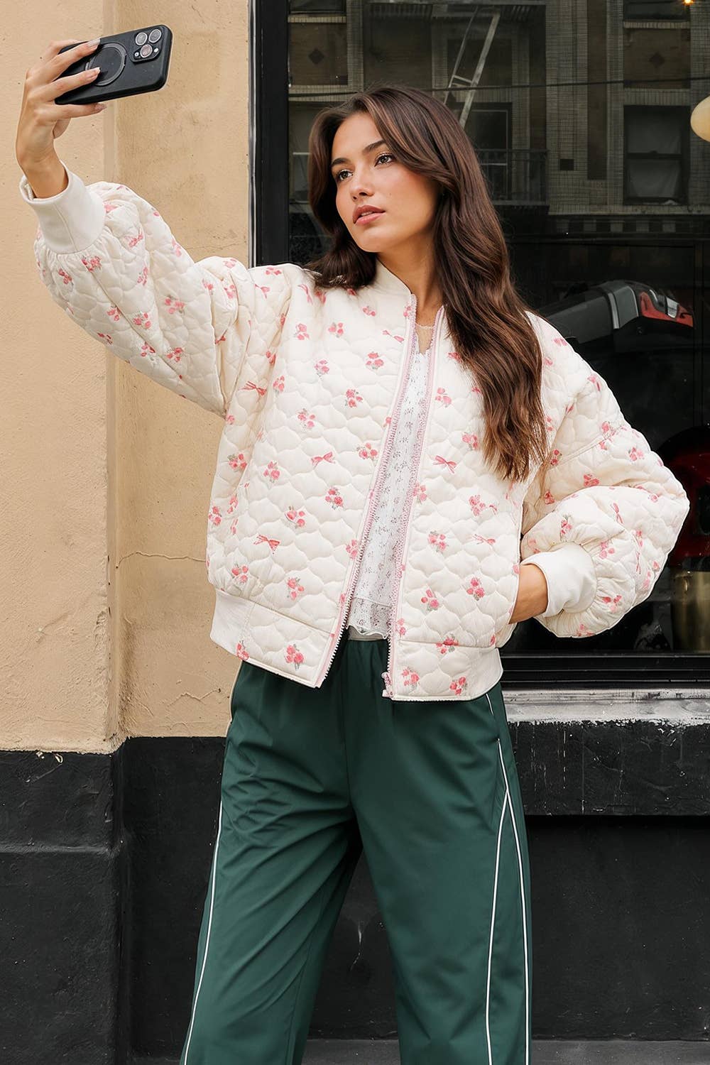 NJ90411-Floral Printed Quilted Oversized Casual Jacket