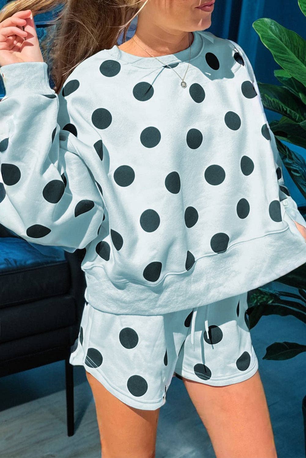 Polka Dot Drop Shoulder Pullover Shorts Set