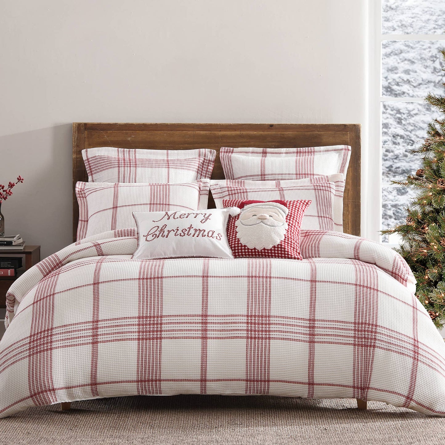 Peppermint Plaid Santa Applique Throw Pillow