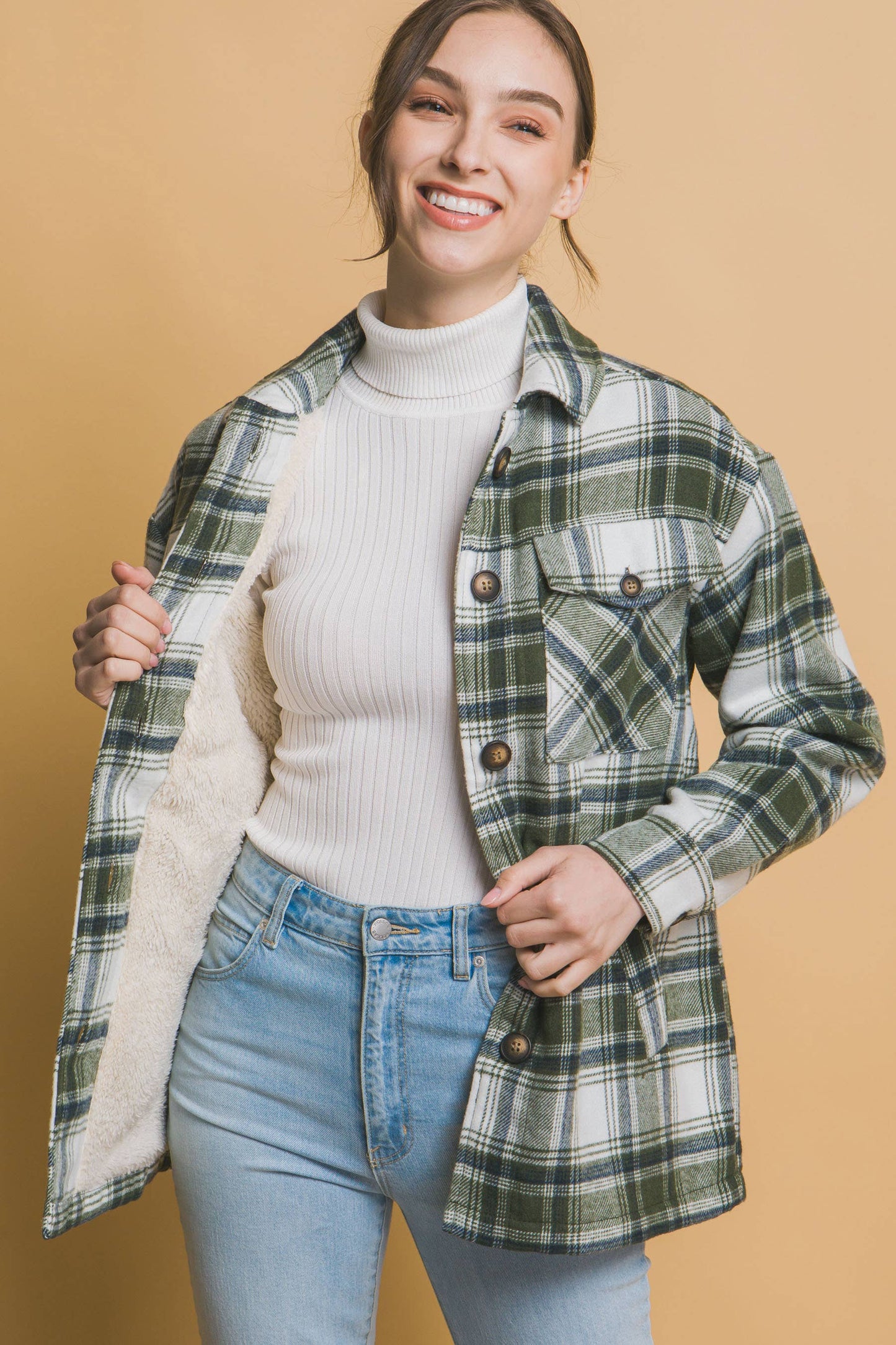 Plaid Button Up Jacket with Sherpa Lining