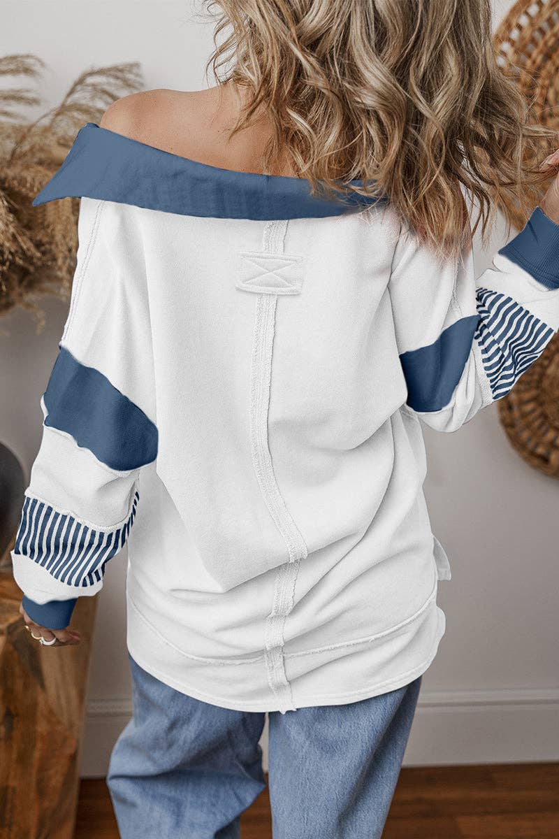 Striped Patchwork V-Neck Pullover