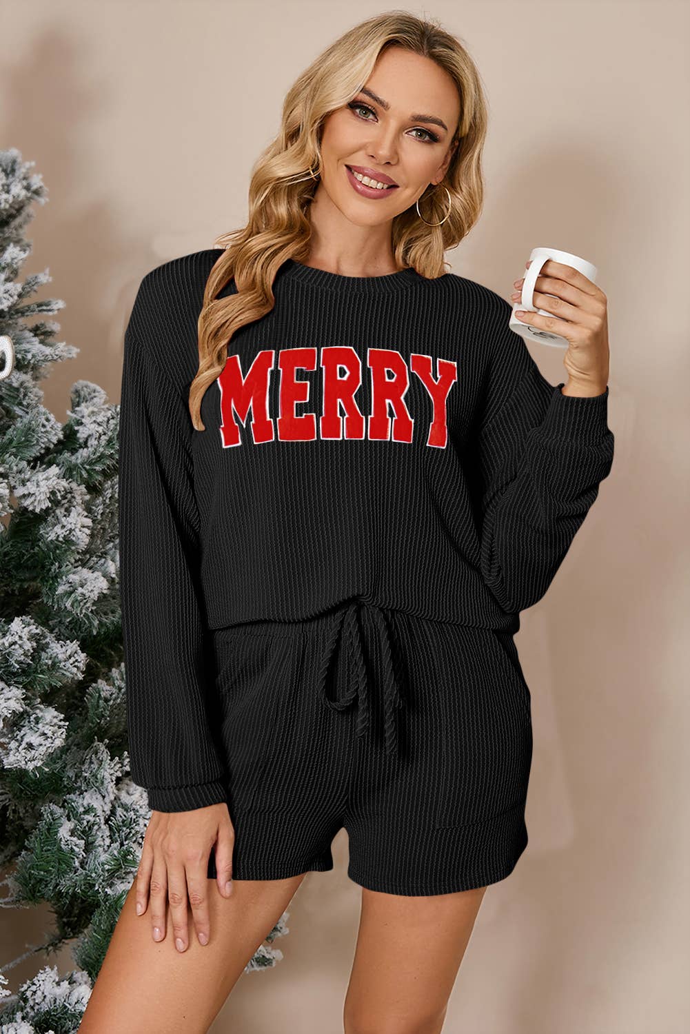 MERRY ⛄ Letter Print Long Sleeve Top & Shorts Set