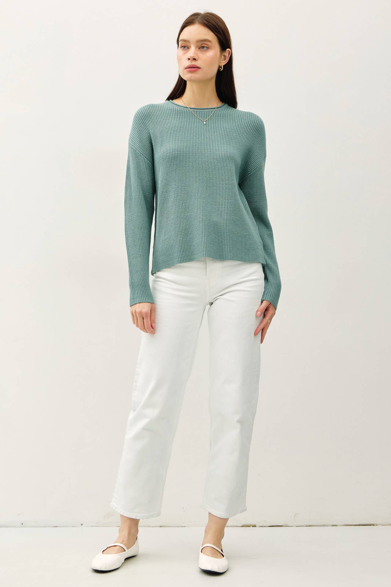 SOFT WAFFLE KNIT RAW HEM SWEATER