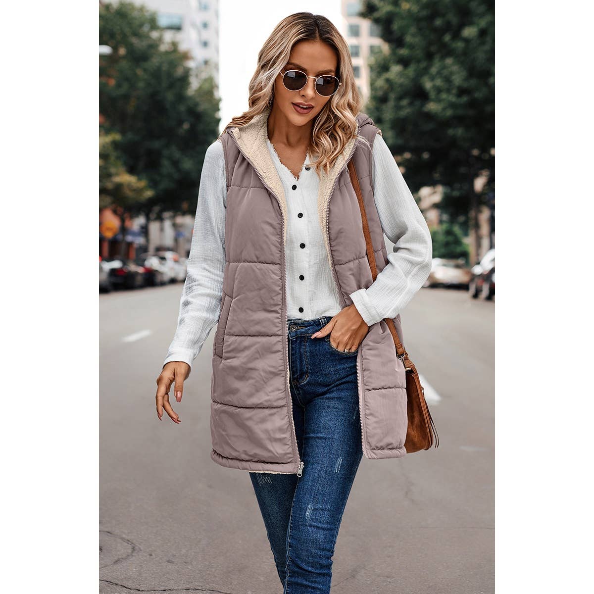 Faux Fur Strip Zipper Front Open Pockets Coat