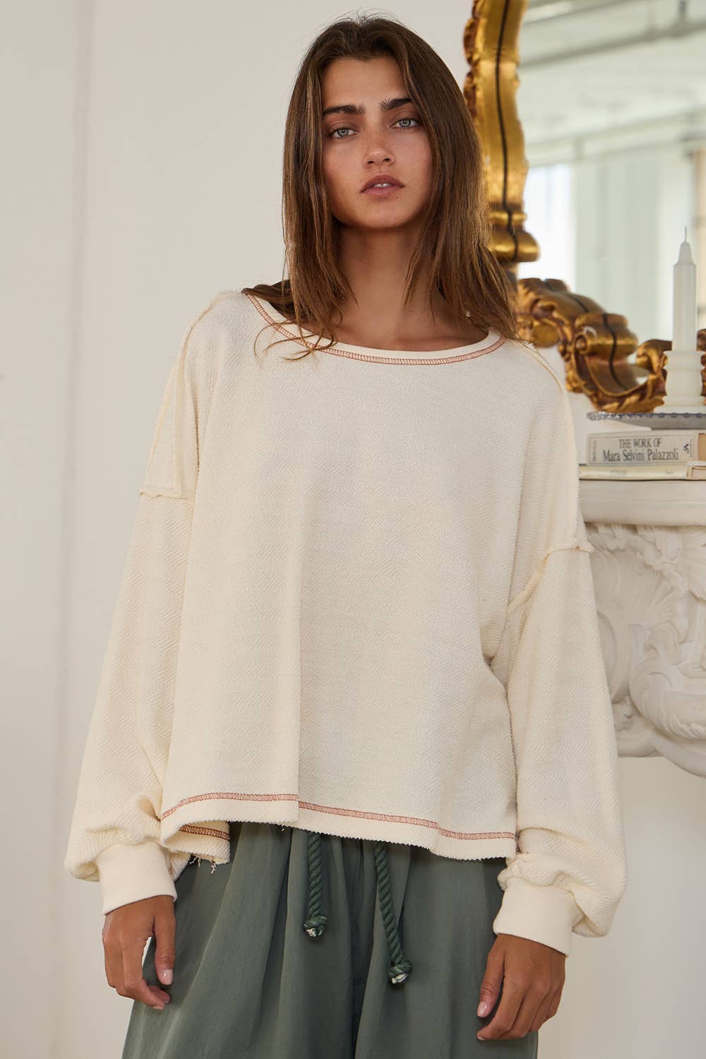 T2397 Overlap Open Back Oversize Fit Reverse Stitched Top