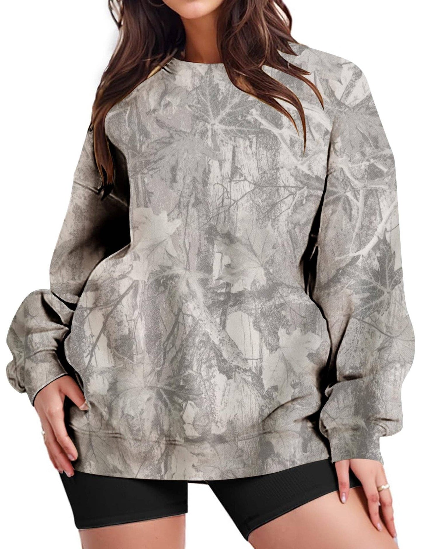 Camo Leaf Print Pullover Sweatshirt Women Oversized Casual Top