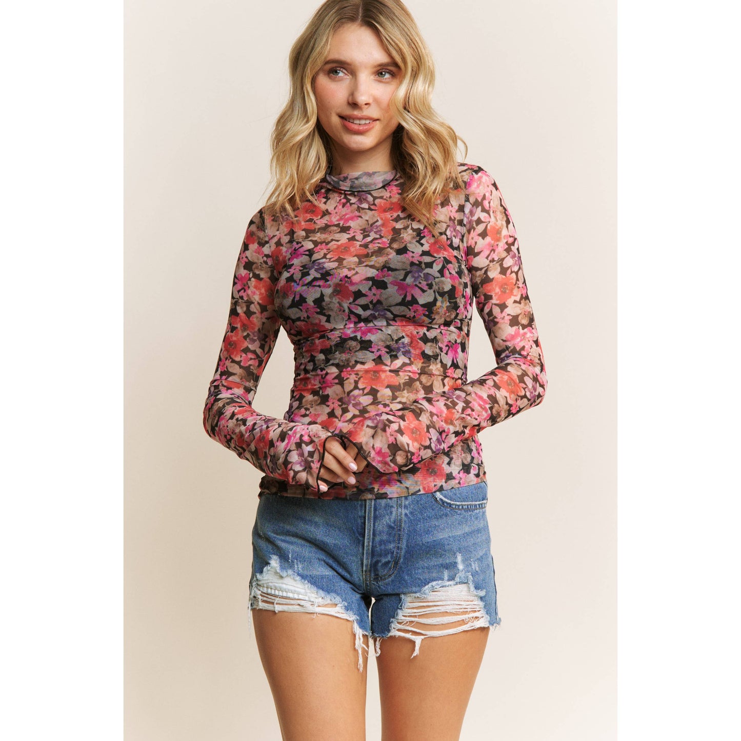 CUTE FLORAL PRINT MESH TOP