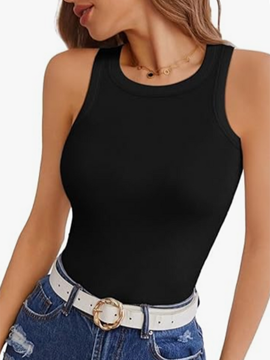 Round Neck Sleeveless Ribbed Shirt Slim Fit Top