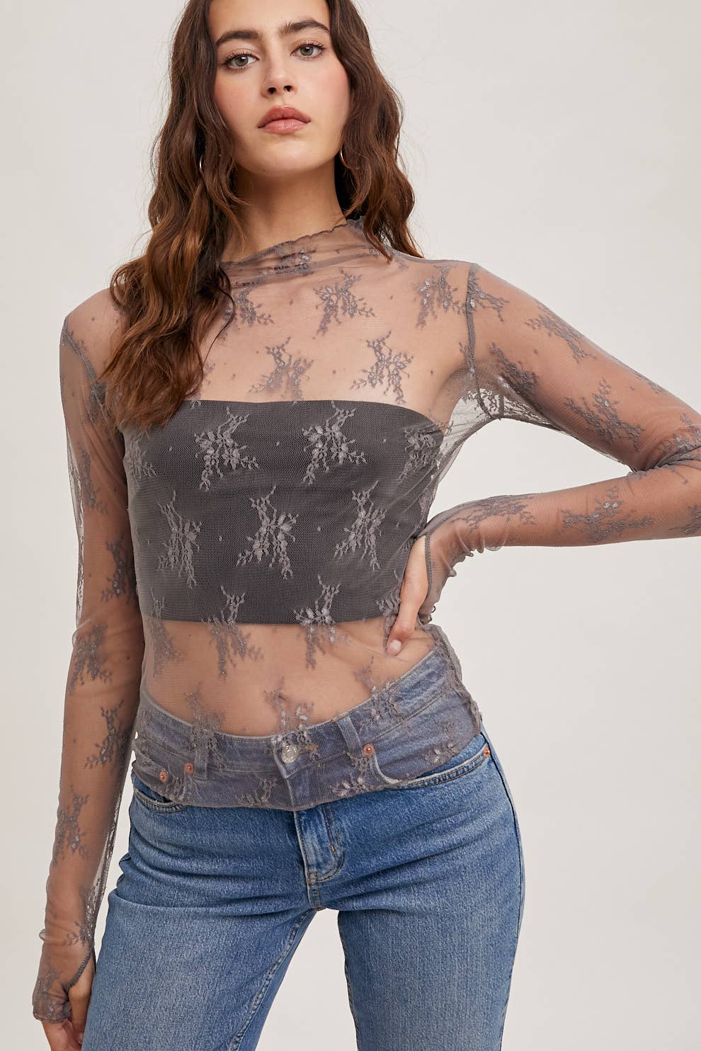 FLORAL EMBROIDERY LACE MESH LAYERING TOP