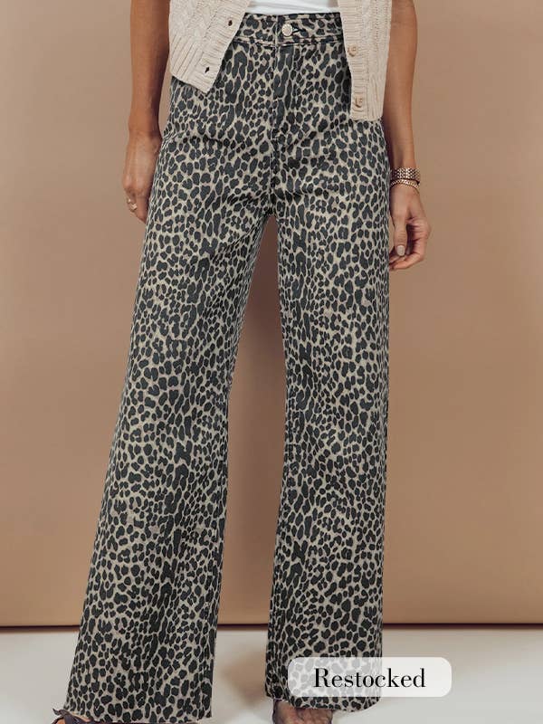 Black Leopard Print Wide Leg High Waist Jeans