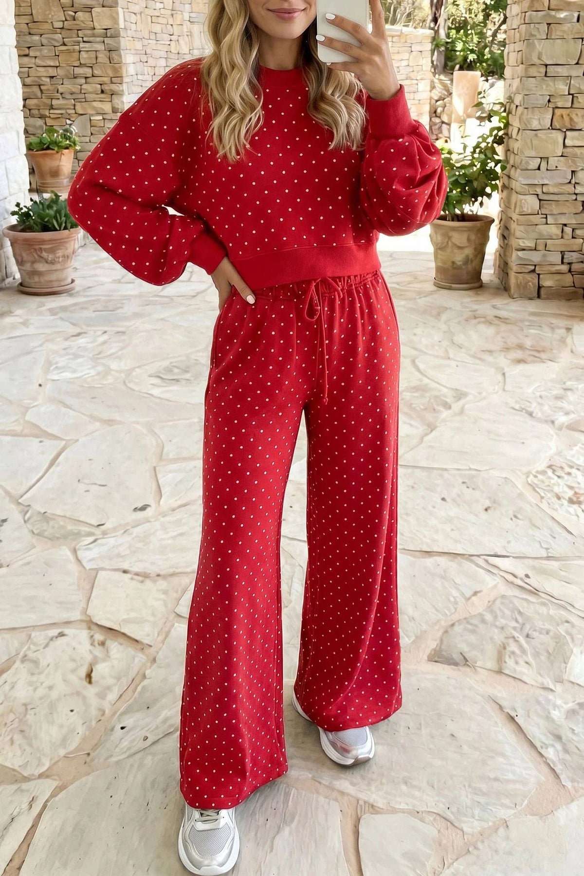 Polka Dot Drawstring Wide Leg Long Sleeve Top Pant Set