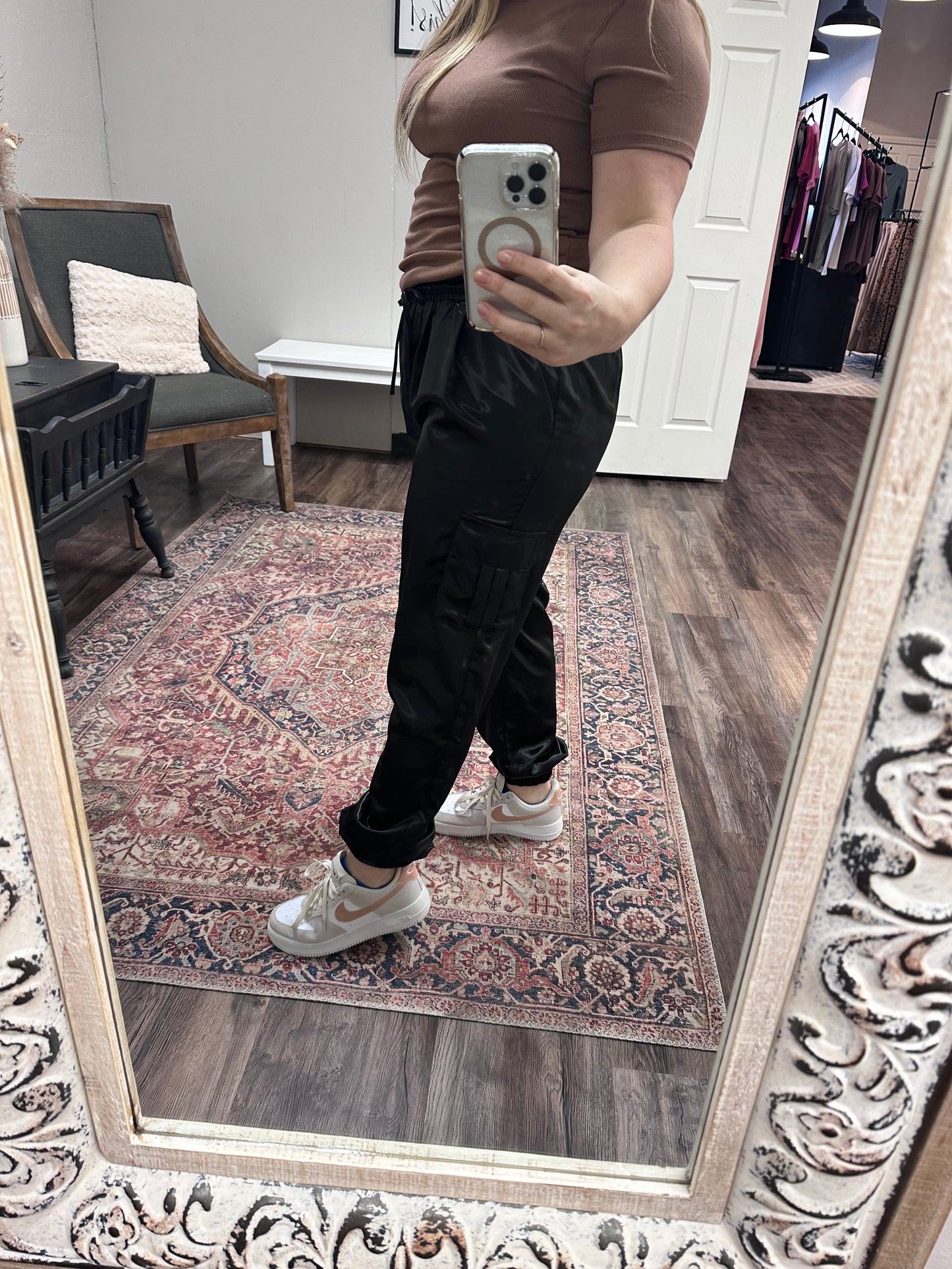 Black cargo satin jogger