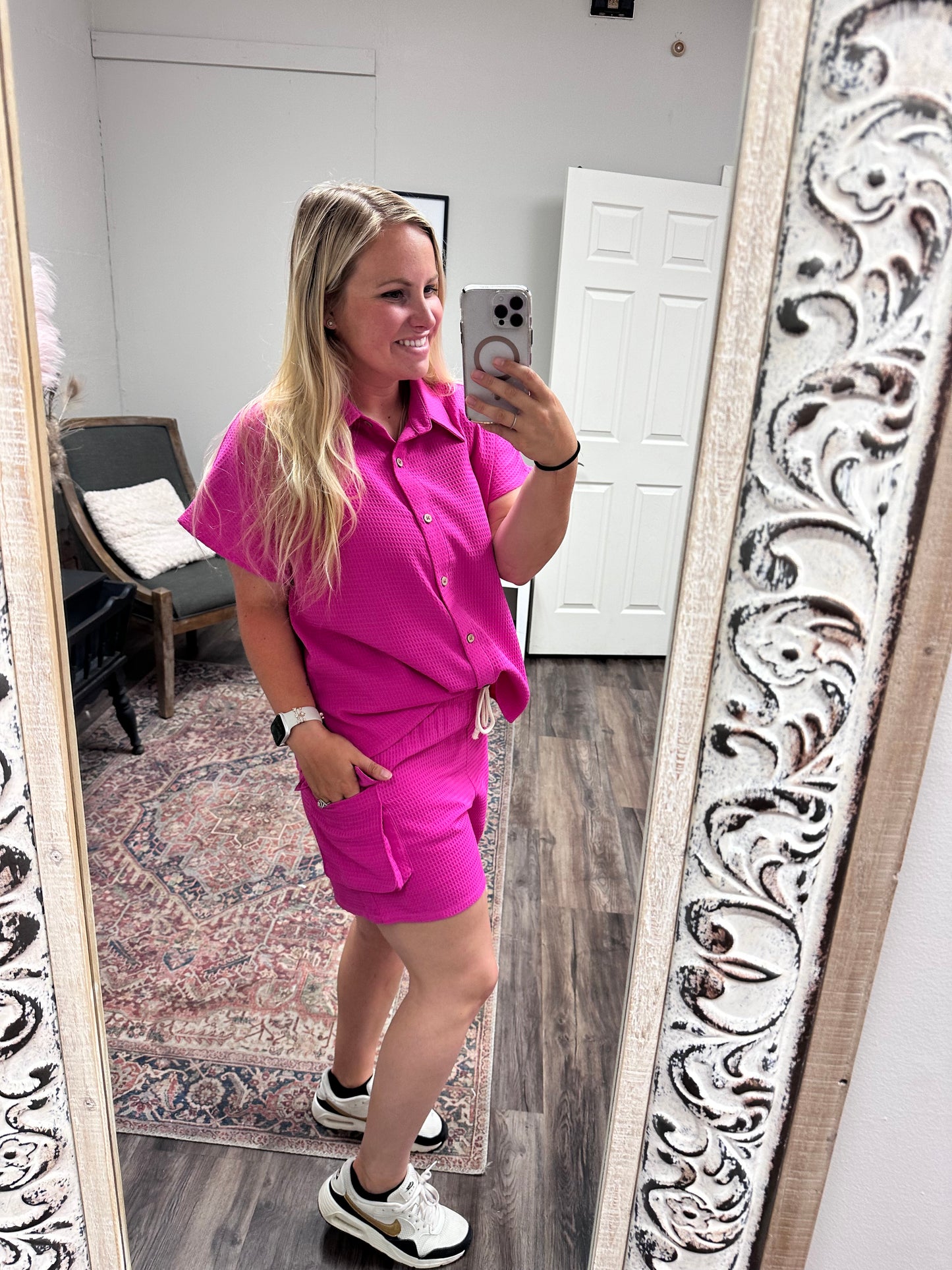 Hot pink waffle button up short set