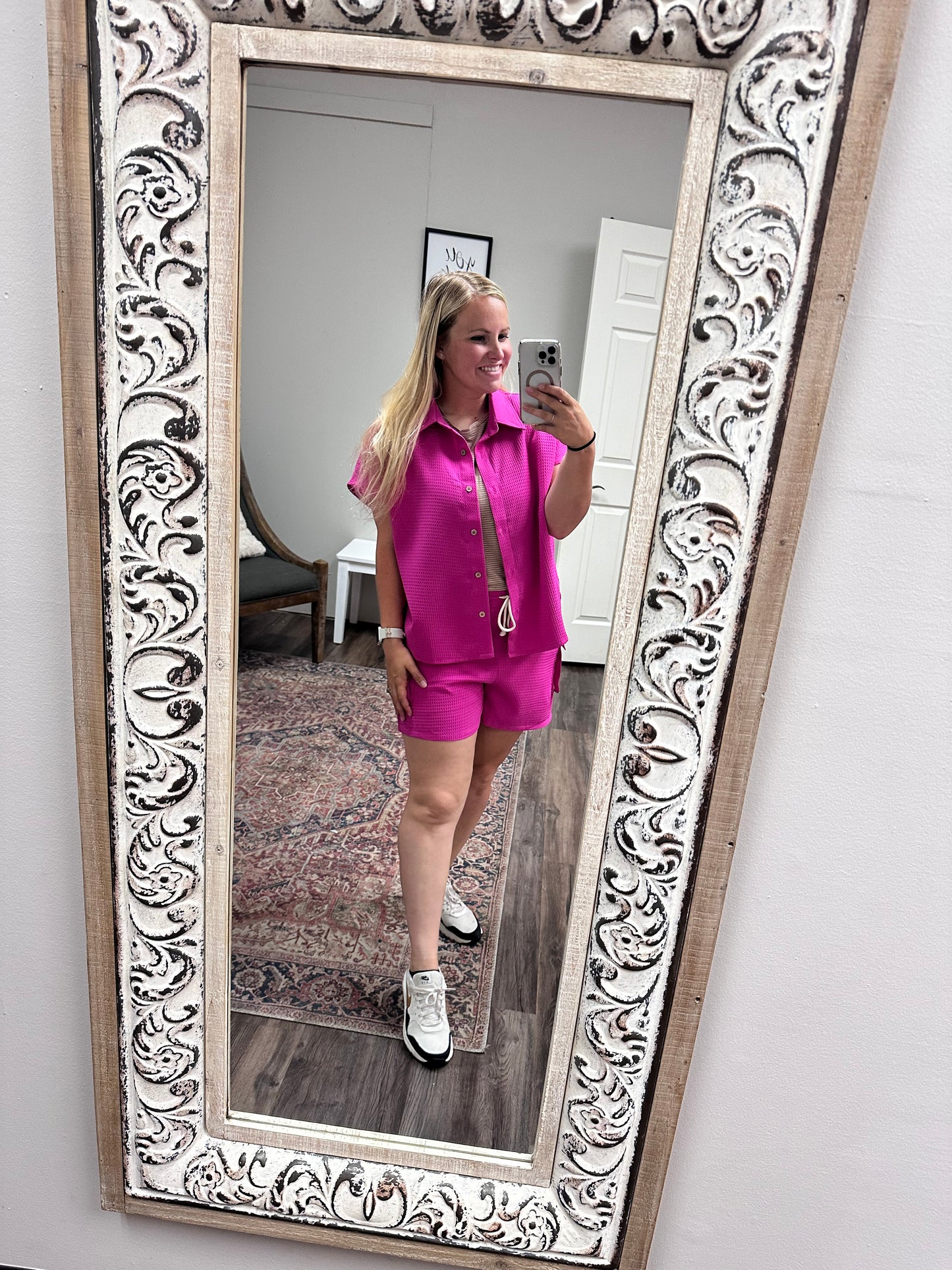 Hot pink waffle button up short set