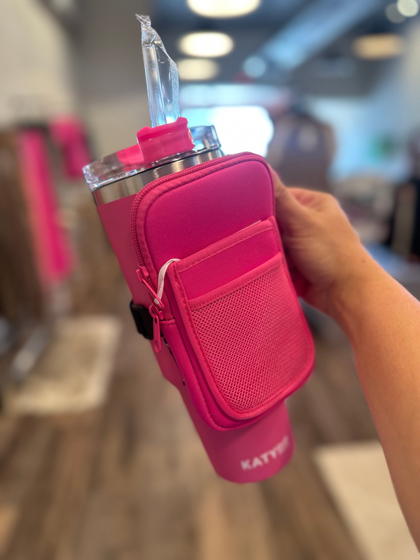 Hot pink stainless steel tumbler with zipper pouch combo