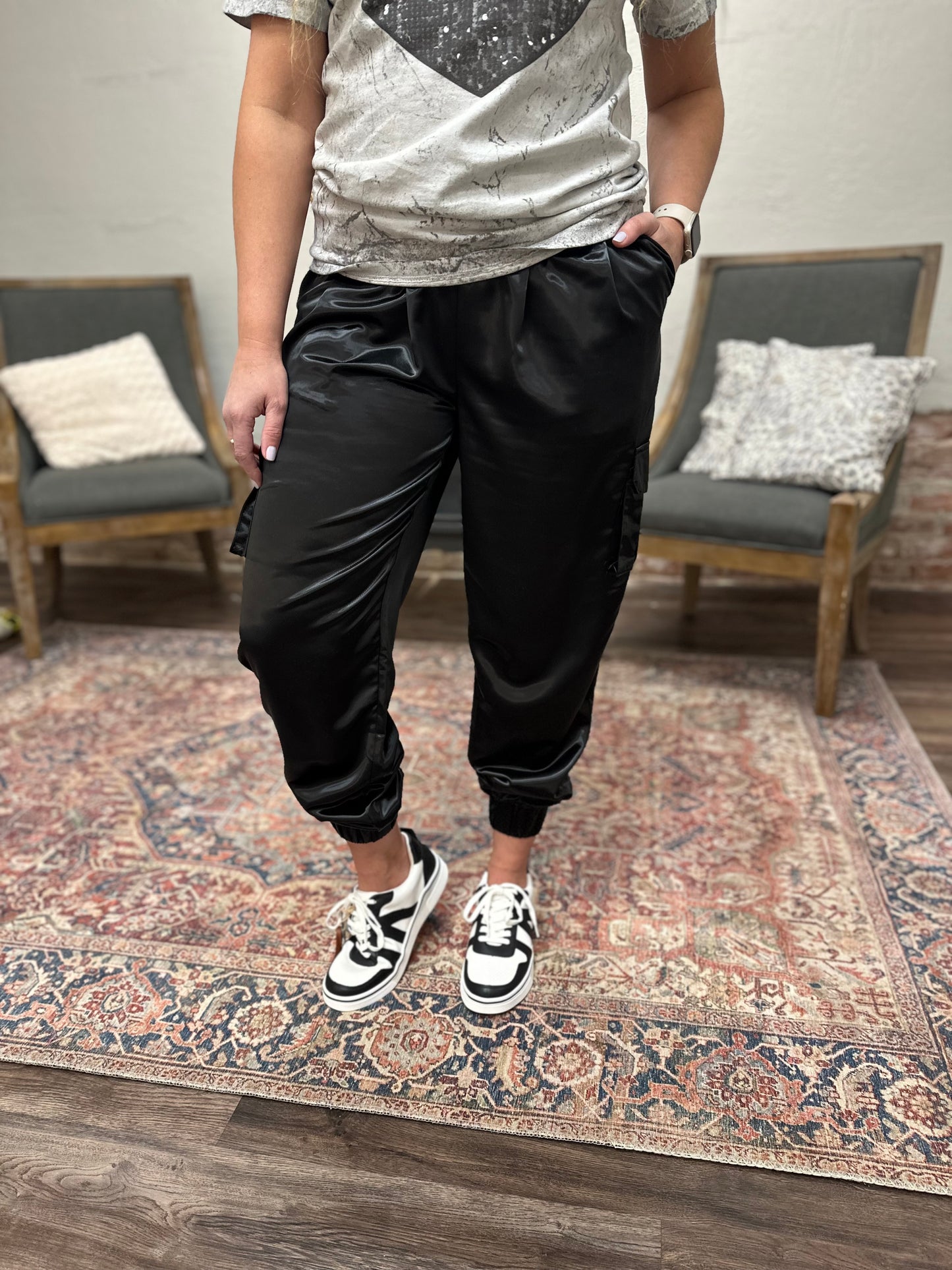 Black cargo satin jogger