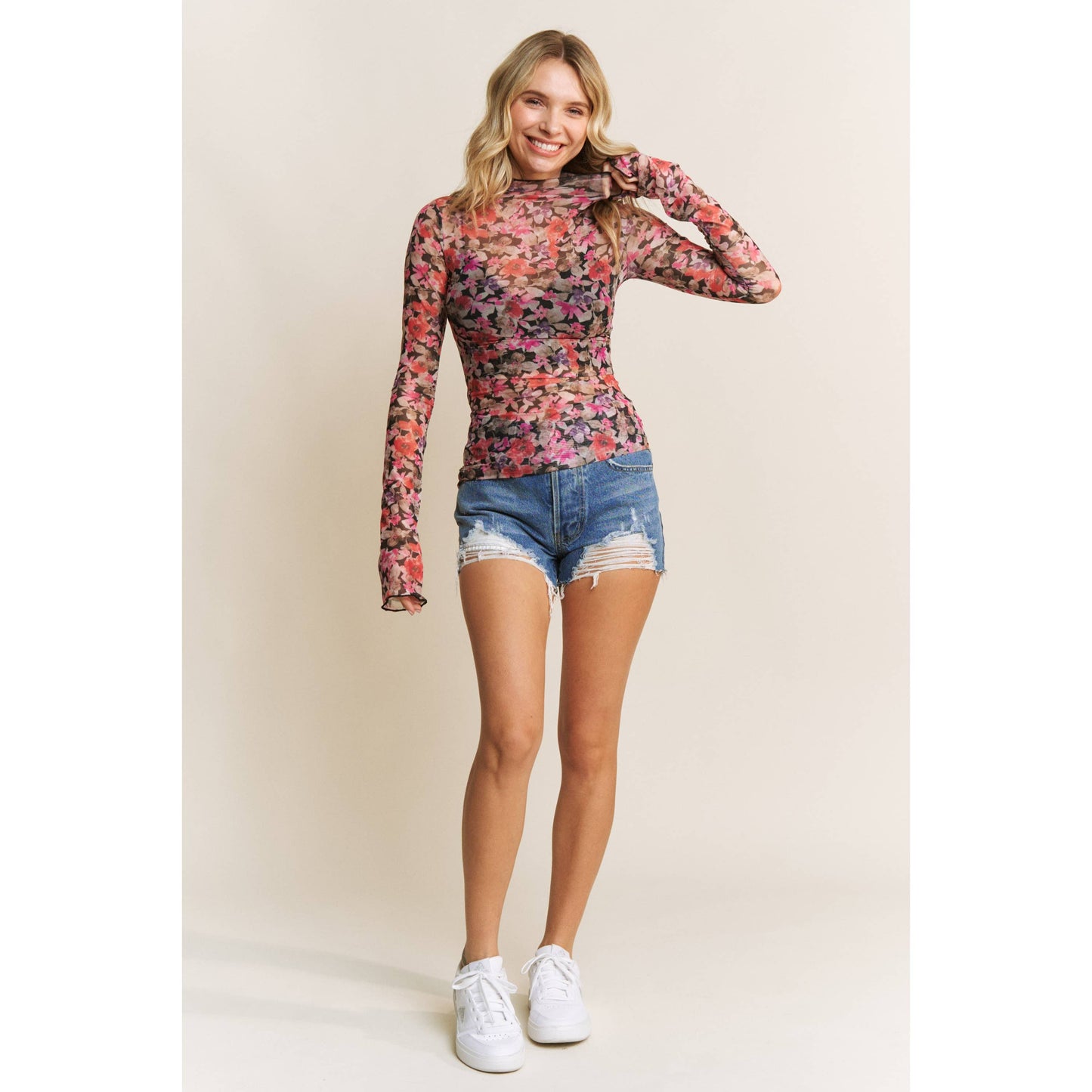 CUTE FLORAL PRINT MESH TOP