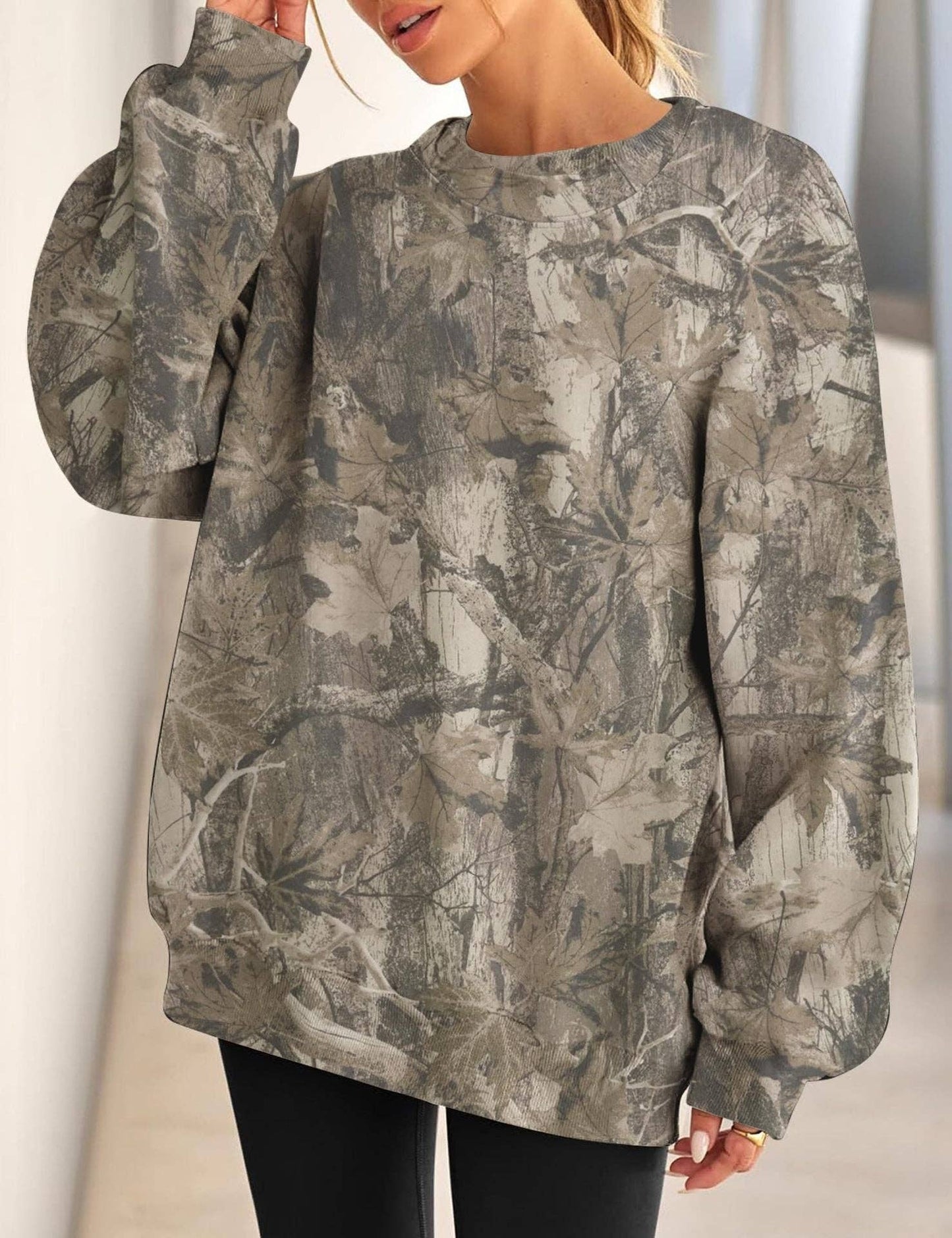 Camo Leaf Print Pullover Sweatshirt Women Oversized Casual Top