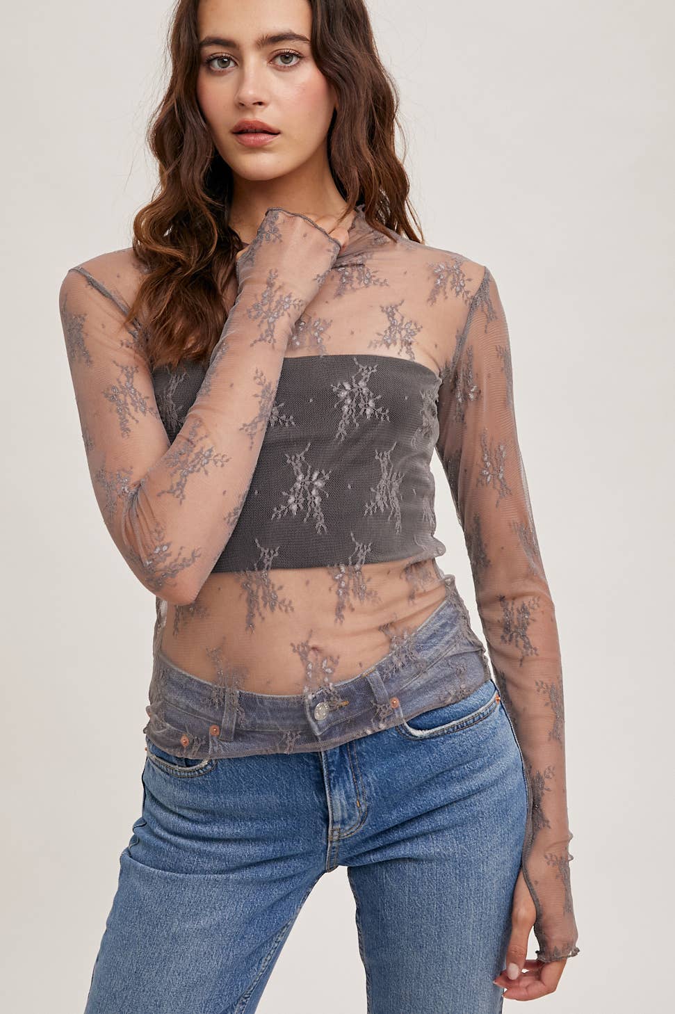 FLORAL EMBROIDERY LACE MESH LAYERING TOP