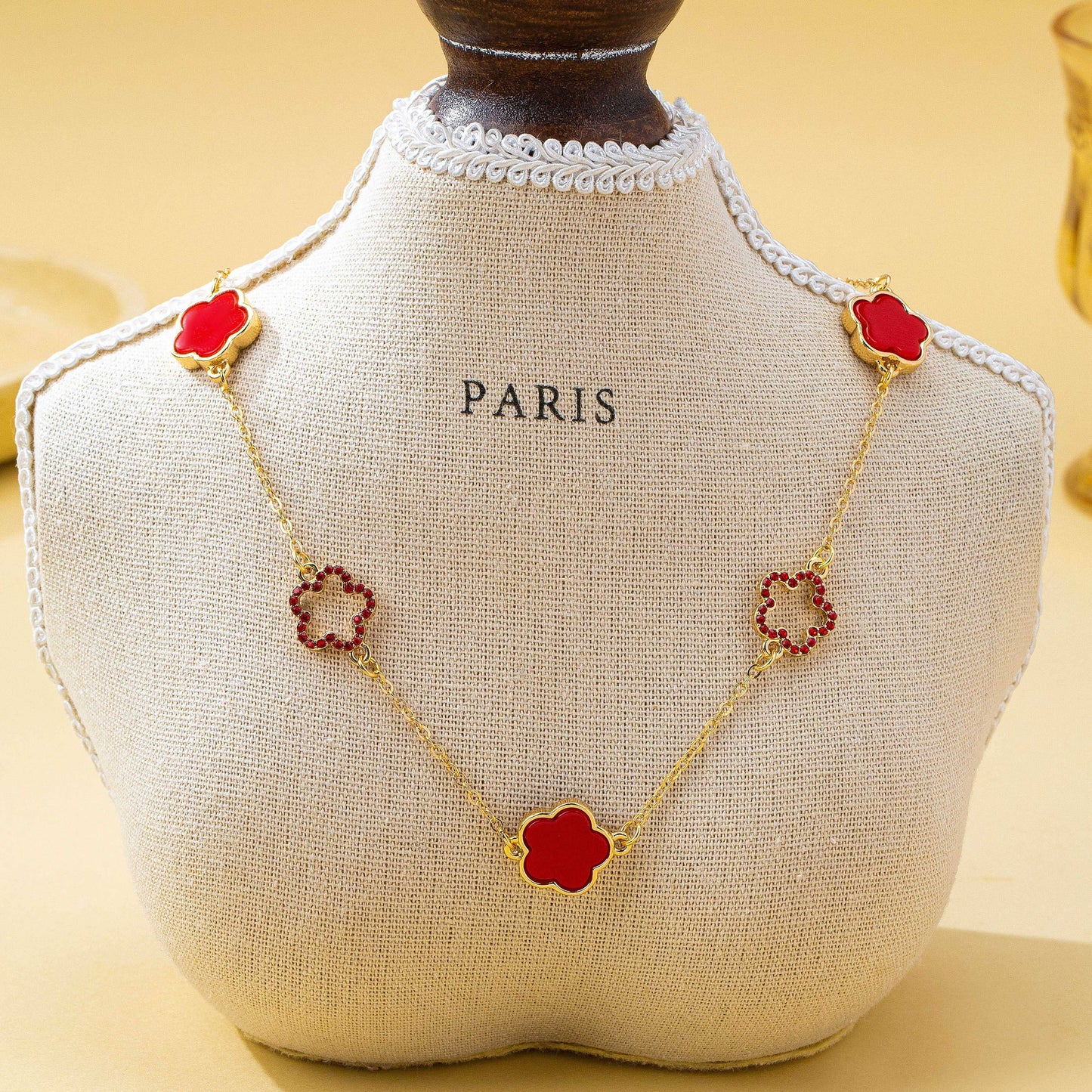 Four Leaf Enamel & Crystal Charm Necklace