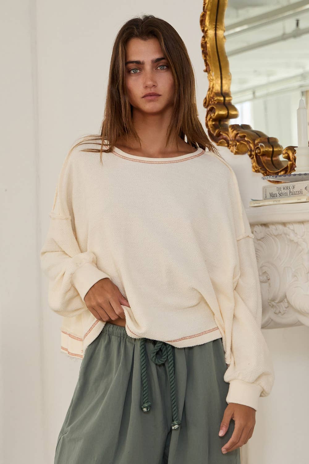 T2397 Overlap Open Back Oversize Fit Reverse Stitched Top