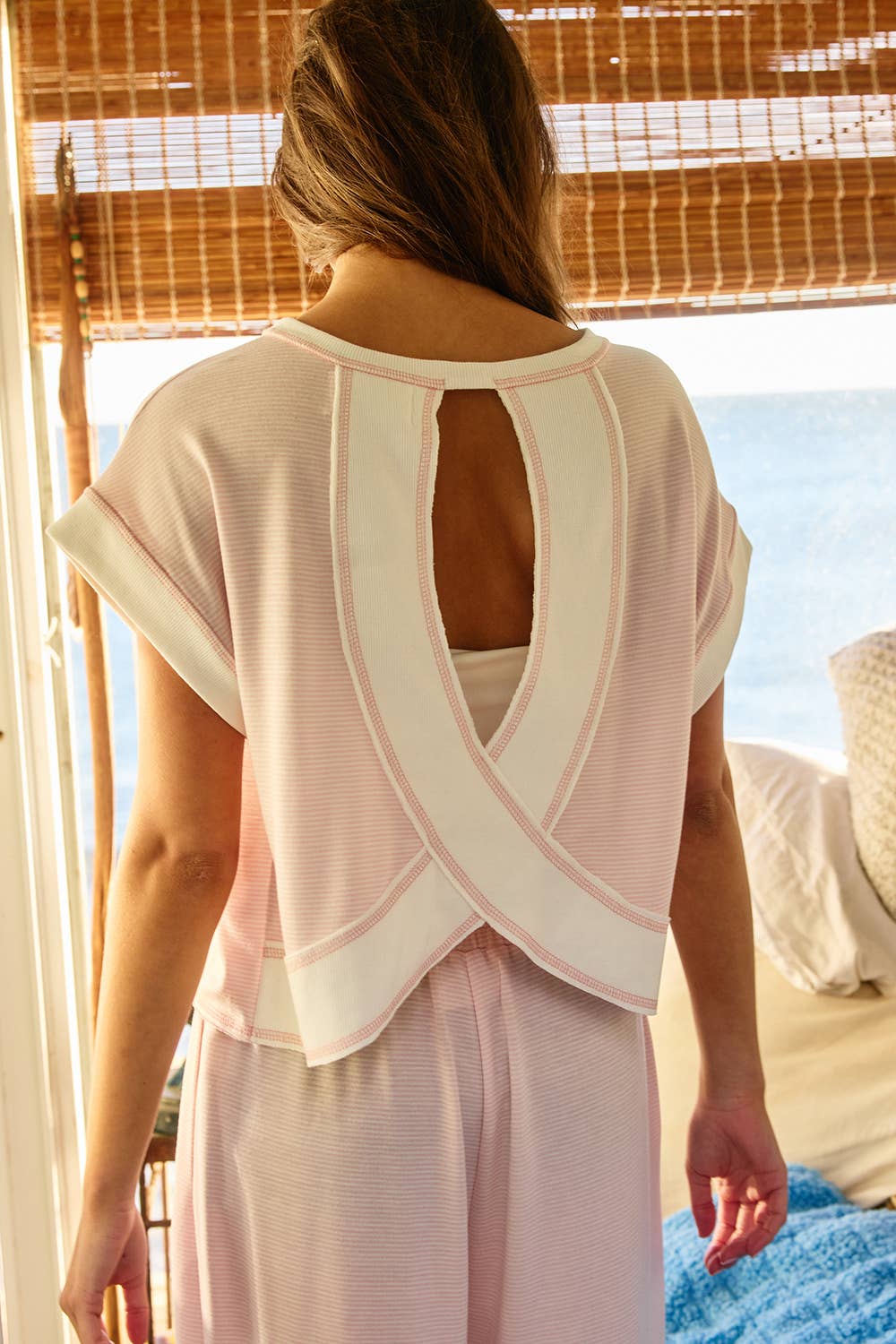 Overlap Open Back Reverse Stitch Stripe Top