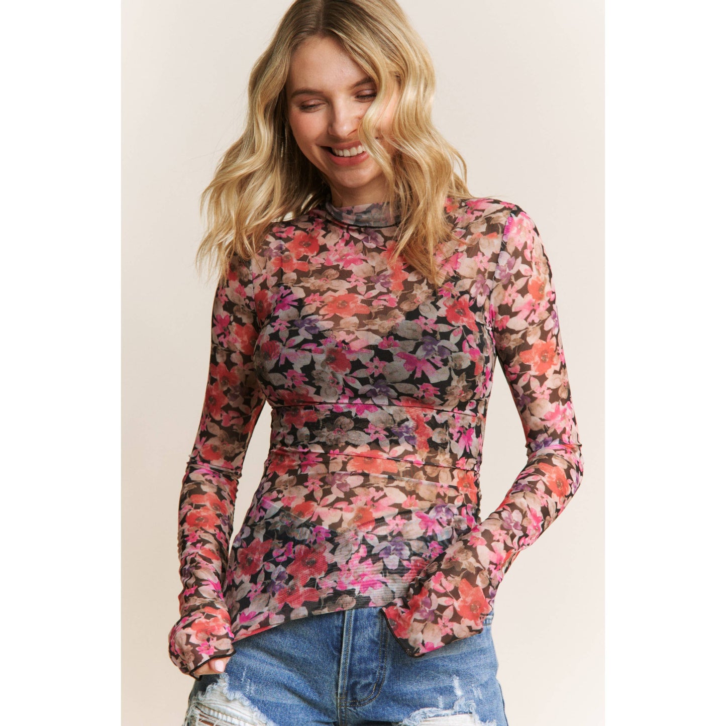 CUTE FLORAL PRINT MESH TOP