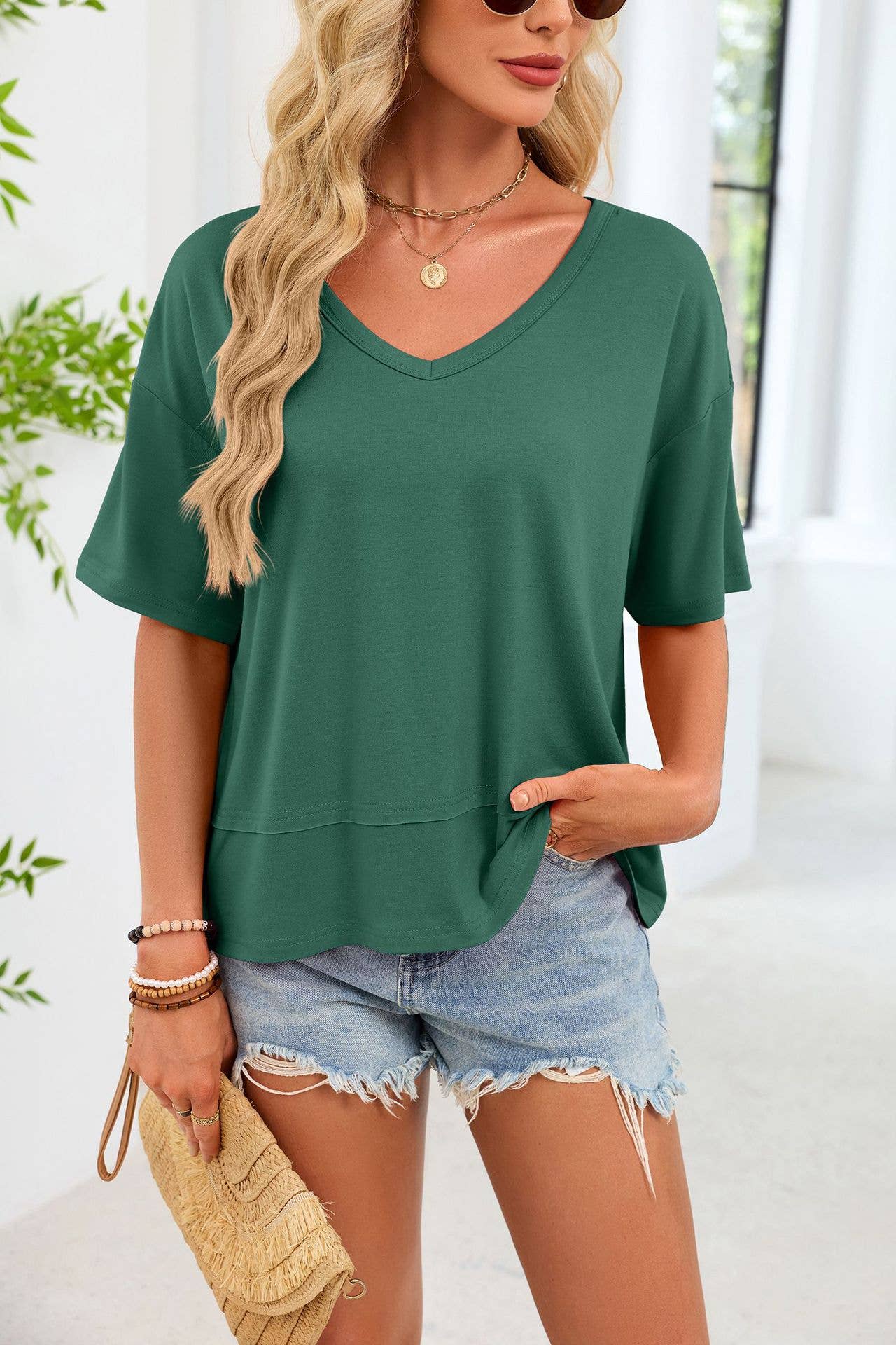 Loose Fit V Neck Short Sleeve Casual Tee