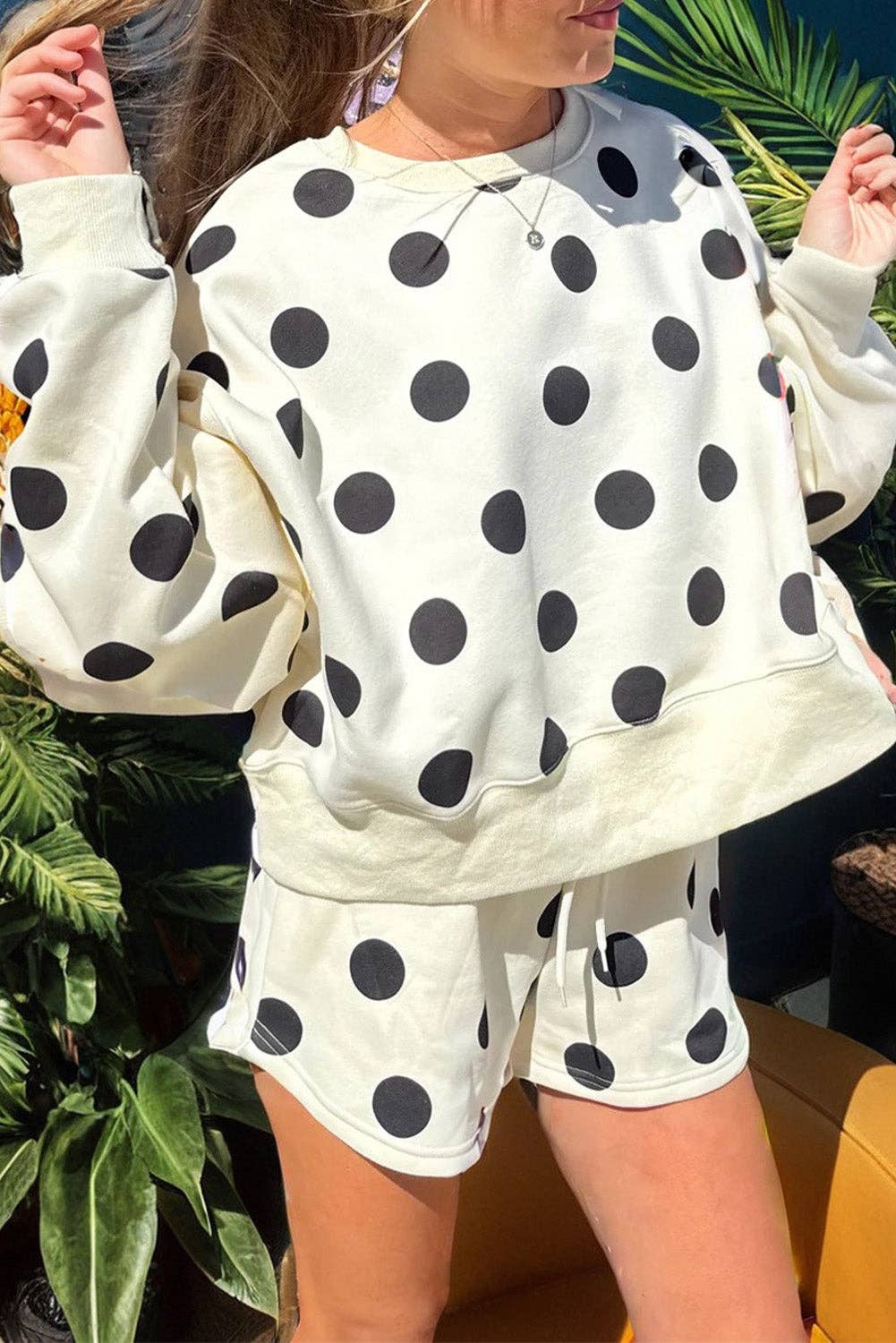 Polka Dot Drop Shoulder Pullover Shorts Set
