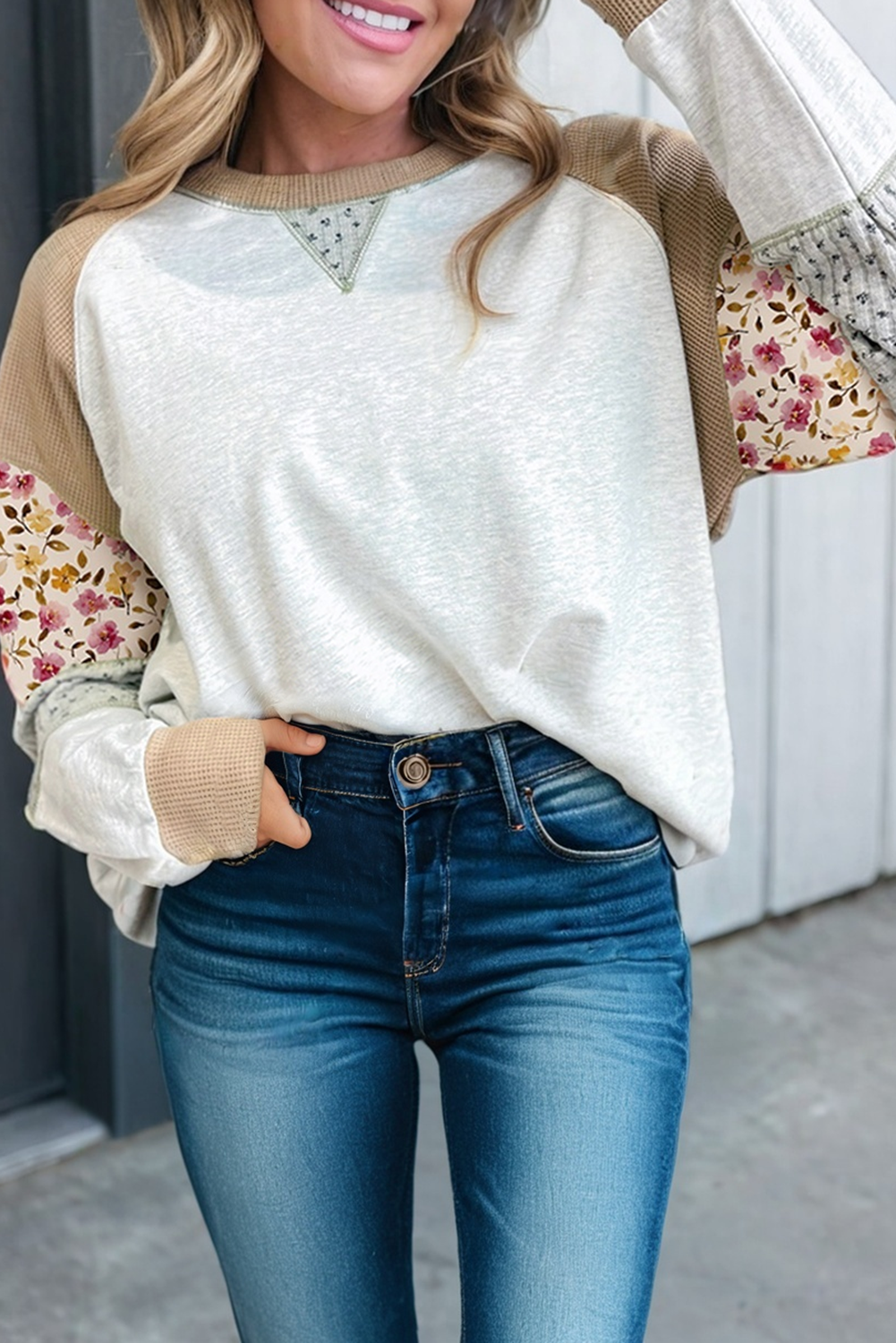 Floral Print Patchwork Exposed Seam Pullover