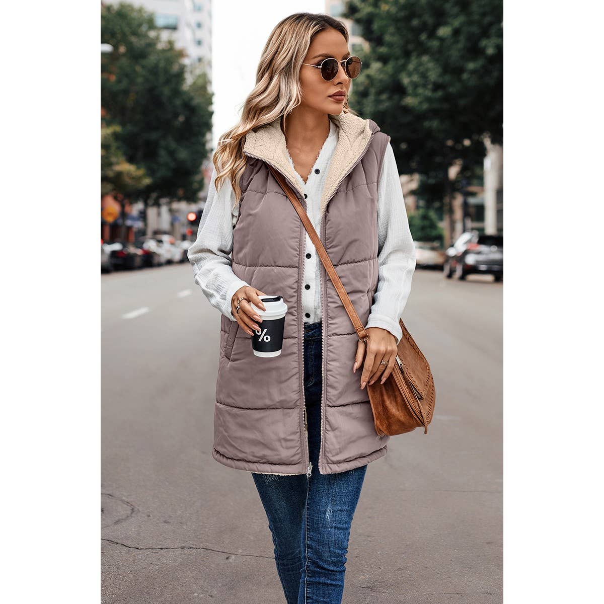 Faux Fur Strip Zipper Front Open Pockets Coat