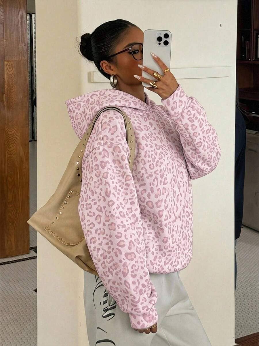 Leopard Hoodie Oversized Casual Pullover Sweatshirt