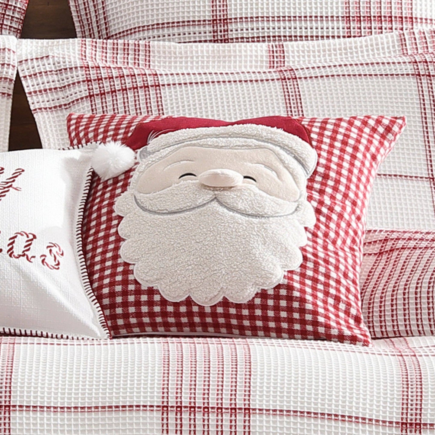 Peppermint Plaid Santa Applique Throw Pillow