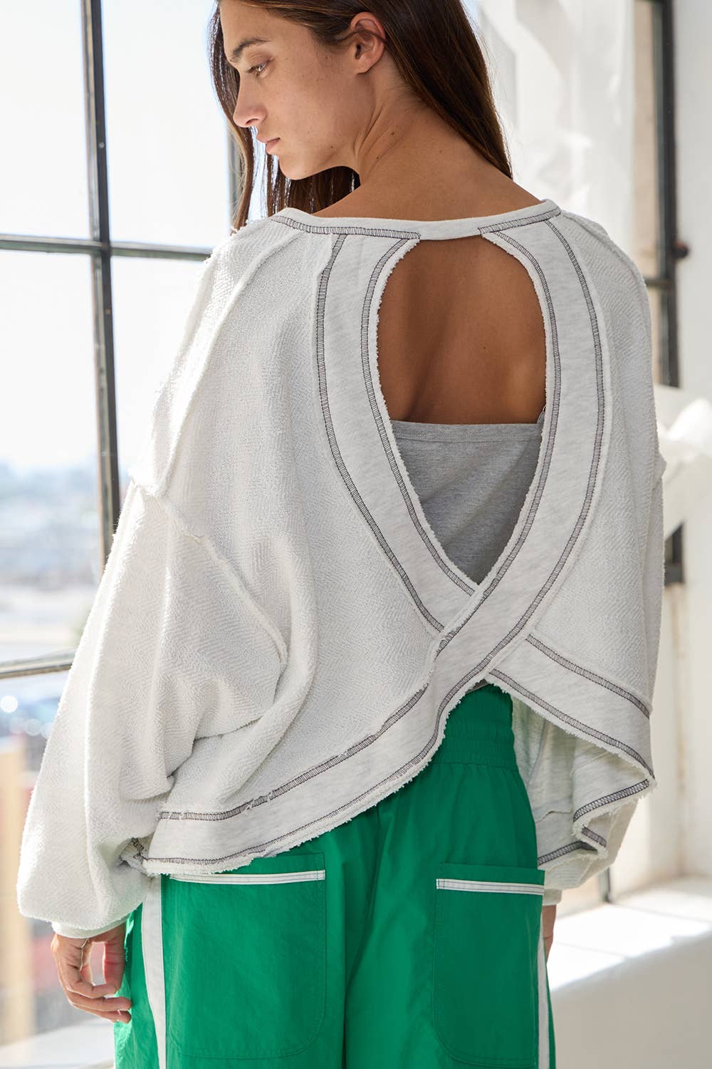 T2397 Overlap Open Back Oversize Fit Reverse Stitched Top